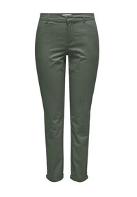 Pantaloni in cotone verde con una vestibilità aderente, dotati di una vita standard e risvolti. Texture liscia e dettagli di cucitura discreti.