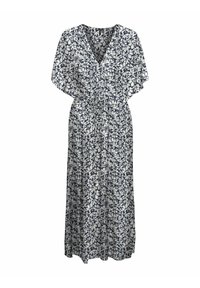 Dlouhé květinové šaty v námořnické modré a bílé barvě, s výstřihem do V, krátkými volánkovými rukávy a elastickým pasem pro pohodlí. Měkká textilie.