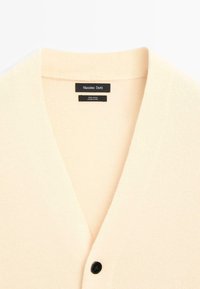 Svetr z vlny v světlém béžovém odstínu se V-výstřihem a jedním černým knoflíkem. Obsahuje etiketou s názvem značky "Massimo Dutti."