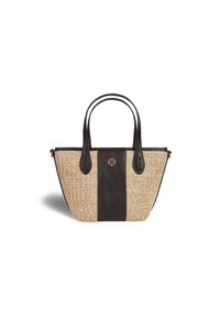 Geflochtene Strohtasche mit einem vertikalen Panel aus schwarzem Leder, zwei Griffen und strukturierten Details, mit einem Logo-Emblem auf der Vorderseite.