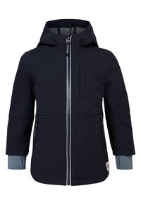 Veste softshell marine avec capuche, fermeture à glissière à l'avant, poches latérales zippées et poignets élastiques. Présente une texture lisse et élégante.