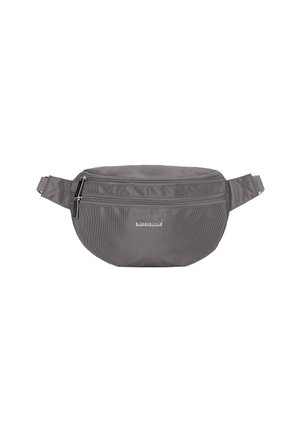Marsupio in tessuto grigio dalla forma arrotondata, dotato di due tasche con zip e un'etichetta con logo. Cinturino regolabile per un facile indossamento.