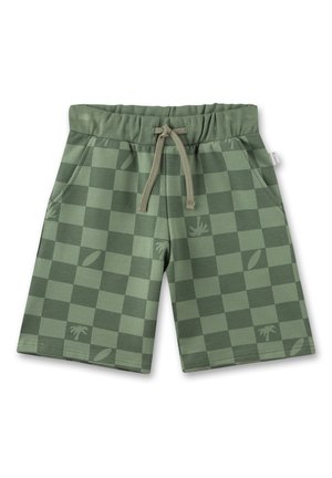 Short vert à carreaux avec une taille élastique, un cordon, des poches latérales et des motifs subtils de feuilles tropicales et de palmiers.