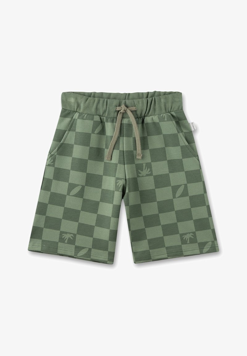 Short vert à carreaux avec une taille élastique, un cordon, des poches latérales et des motifs subtils de feuilles tropicales et de palmiers.