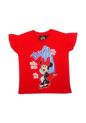 T-shirt rouge à manches courtes pour tout-petit avec un motif Minnie Mouse, une planche de surf rayée bleue, des fleurs roses et le texte « Minnie » sur le devant.