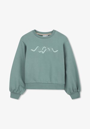 Sweat-shirt vert à manches longues bouffantes. Dispose d'un col côtelé et du mot « BOSS » imprimé en clair sur le devant.