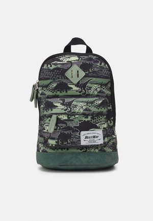 Mochila infantil verde y negra con estampados de dinosaurios, bolsillo delantero, tiradores de cremallera y etiqueta de tela que dice "BestWay Original Trade Mark."