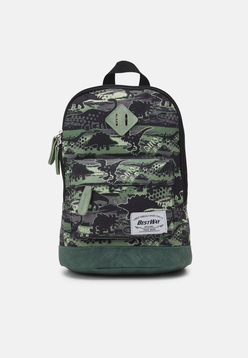 Sac à dos enfant vert et noir avec des motifs de dinosaures, une poche avant, des tirettes de fermeture éclair et une étiquette en tissu portant la mention « BestWay Original Trade Mark ».
