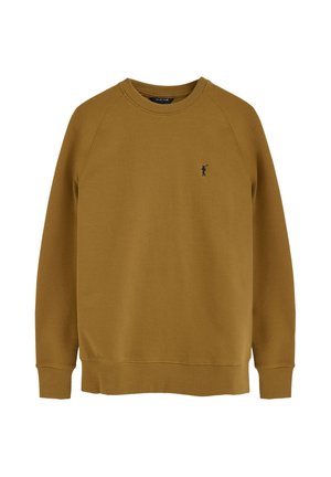 Sudadera marrón de manga larga con cuello redondo, puños y dobladillo acanalados, con un pequeño logo oscuro de jugador de polo en el pecho izquierdo.
