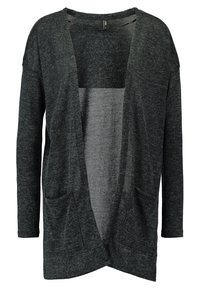 Ciemnoszary kardigan wykonany z miękkiego materiału, z otwartym przodem bez guzików, dwoma przednimi kieszeniami oraz luźnym, swobodnym krojem.