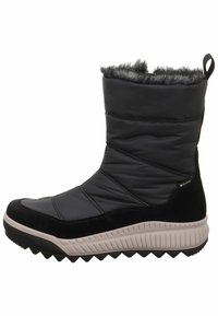 Botas negras impermeables que cuentan con una parte superior acolchada con textura acolchada, borde de piel de pelo y una suela de goma texturizada para un mejor agarre.