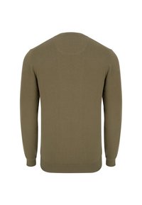 Sweter w oliwkowym kolorze, z dekoltem okrągłym, długimi rękawami, ściągaczami na mankietach i dolnym brzegu, dzianina o gładkiej strukturze, widok z tyłu, minimalistyczny design.