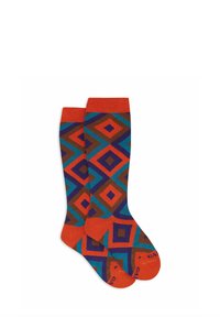 Calze a altezza ginocchio con un motivo geometrico a diamante nei colori arancione, turchese, marrone e viola; polsini e suole arancioni solidi.