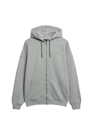 Grijze ritssluiting hoodie van zachte stof. Voorzien van een capuchon, voorzakken, ribgebreide manchetten en een klein logo op de borst.