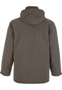 Mörk olivgrön jacka med huva, tillverkad av ett slätt, vattenavvisande material. Har en rak passform och elastiska ärmslut.