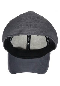 Graue Baseballcap mit strukturiertem Oberteil, ausgestattet mit einem schwarzen Schweißband, Netzfutter und einem gebogenen Schirm. Das Innere zeigt Branding-Details.