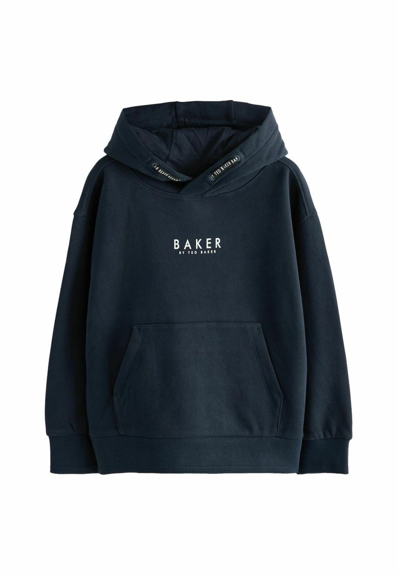 Felpa con cappuccio blu navy realizzata in tessuto morbido, con tasca frontale e logo bianco "BAKER" sul petto.