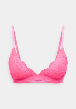 Ροζ δαντελένιο bralette με ρυθμιζόμενες τιράντες και ελαστική ταινία με τη μάρκα "GUESS" που επαναλαμβάνεται κατά μήκος του κάτω μέρους.