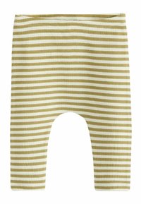 Striped leggings in a ribbed texture, featuring alternating light yellow and olive green stripes, with a wide, elastic waistband.