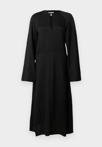Abito nero a maniche lunghe realizzato in tessuto morbido, con scollatura a chiave, vestibilità rilassata e silhouette leggermente svasata.