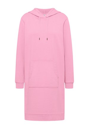 Robe-hoodie longue rose avec poche kangourou à l'avant, poignets côtelés, capuche avec cordon de serrage et ourlet droit.