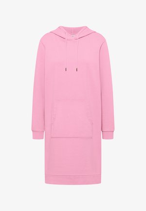 Dlouhá růžová mikinová tunika s přední kapsou ve stylu klokánka, žebrovanými manžetami, kapucí se šňůrkou a rovně střiženým lemem.