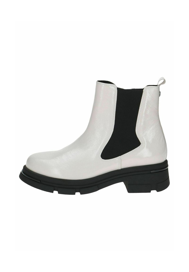 Baltos lakuotos odos aulinukai iki kulkšnies su juodais elastingais šoninėmis juostomis, apvaliu priekiu ir masyviu juodu padu. Yra stilinga kilpos detalė ant kulno.