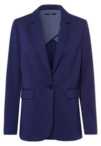 Blazer bleu marine en tissu stretch, avec un col à revers cranté, une fermeture à un bouton, deux poches avant et une doublure rayée.