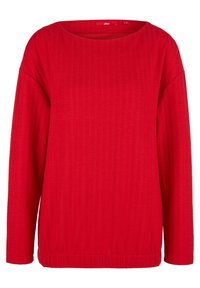 Red long-sleeve sweater with a wide neckline, ribbed texture, and elasticized bottom hem. Smooth fabric with soft drape.