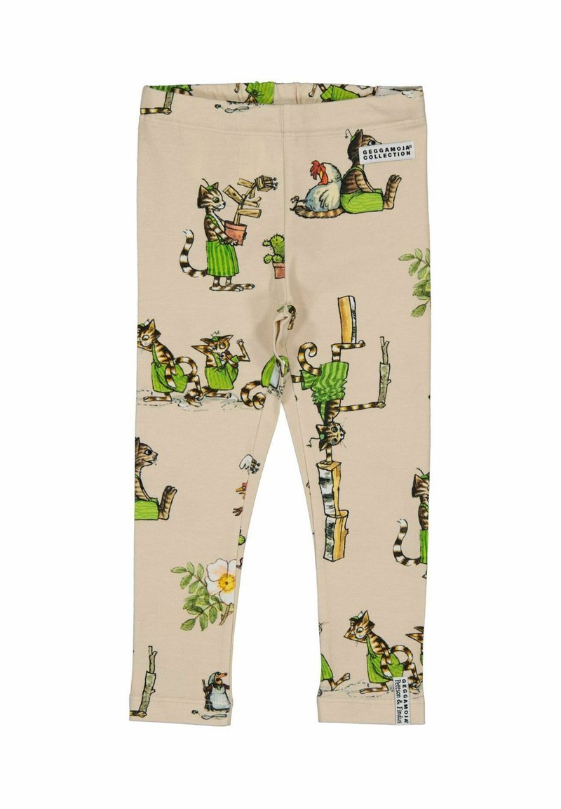 Barns beige leggings med lustiga kattillustrationer i grön förkläde och växter, med lekfulla scener och en sydd varumärkesetikett.