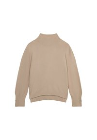 Beżowy sweter dziany z wysokim kołnierzem, długimi rękawami i prążkowanym wykończeniem. Gładka struktura i subtelny design z bocznymi guzikami.