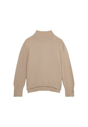 Beige gebreide trui met een hoge kraag, lange mouwen en geribbelde zoom. Gladde textuur en subtiel ontwerp met zijknopen als accent.