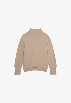 Jersey de punto beige con un cuello alto, mangas largas y dobladillo acanalado. Textura suave y diseño sutil con acentos de botones en los laterales.