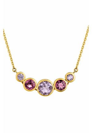 Collar de oro que presenta cinco piedras preciosas circulares en tonos de rosa y púrpura, engastadas en suaves biseles redondos con una delicada cadena.