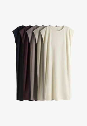 Fem ærmeløse kjoler til knæet i sort, mørkebrunt, mørkegråt, lysegråt og off-white, arrangeret side om side på hvid baggrund.