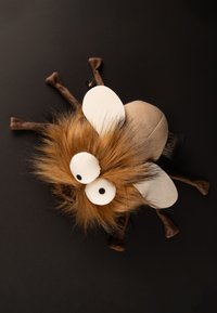 Plush insect toy with a brown fur body, large white eyes, and beige wings. Brown fabric legs extend from a round base.