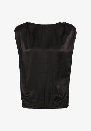 Top en satin noir avec une coupe décontractée, encolure froncée et ourlet élastique. Texture lisse avec une légère brillance, sans motifs visibles ni quincaillerie.