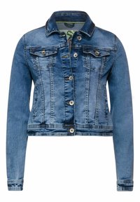 Blue faded denim jacket with front button closure, two chest flap pockets with buttons, and long sleeves.