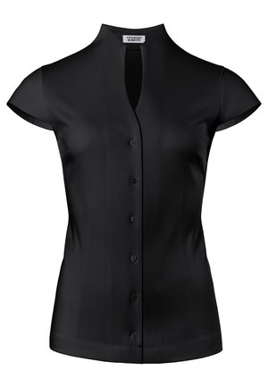 Blusa nera con un design senza colletto, maniche corte a cappuccio e chiusura frontale con bottoni. Tessuto liscio con una silhouette aderente.