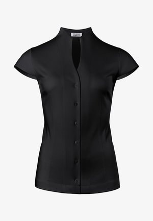 Zwarte blouse met een kraagloos ontwerp, korte kapmouwen en een frontale knoopsluiting. Glad materiaal met een getailleerde snit.