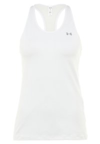 Weißes sportliches Tank-Top, Racerback-Design, aus leichtem, strukturiertem Stoff. Verfügt über ein kleines graues Logo im linken Brustbereich.
