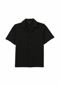Cămașă neagră cu mânecă scurtă, dintr-un material texturat, având guler, închidere cu nasturi și tiv drept. Design simplu și minimalist.