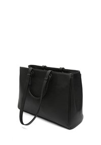 Black leather tote bag with a structured design, dual top handles, and a smooth texture. Features subtle stitching and no visible hardware.