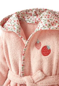 Pink plush bathrobe with embroidered strawberries, floral patterned lining, and a tie belt. Soft texture and cozy design suitable for loungewear.