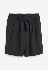 Czarne szorty z pasek w talii, plisowany design i boczne kieszenie. Wykonane z lekkiego materiału, o prostym, eleganckim kroju.