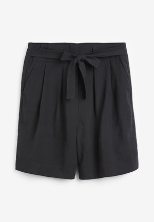 Shorts noirs avec une taille ceinturée, un design plissé et des poches latérales. Fabriqués à partir d'un tissu léger, avec une coupe simple et élégante.