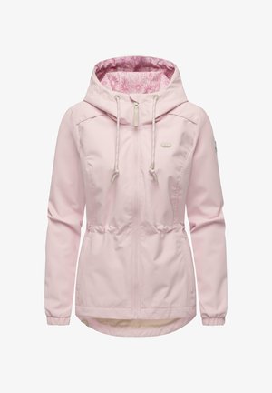 Lichtroze damesjack met bloemmotief aan de binnenkant van de capuchon, ritssluiting aan de voorkant, trekkoord aan de capuchon, elastische manchetten en zijzakken.