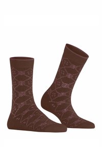 Braune Socken mit einem geometrischen pinkfarbenen Muster und floralen Akzenten. Hergestellt aus einem weichen, dehnbaren Material, geeignet für den täglichen Gebrauch.