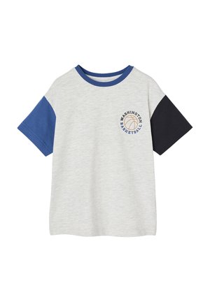 Graues Kurzarm-T-Shirt mit blauen und schwarzen Ärmeln, mit einem Basketball-Graphic und dem Text "Washington Basketball" in Blau. Baumwollmischung.