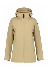 Beige waterdichte jas met een capuchon, voorzien van een volledige rits aan de voorkant, zijzakken en een flexibele, gladde textuur.